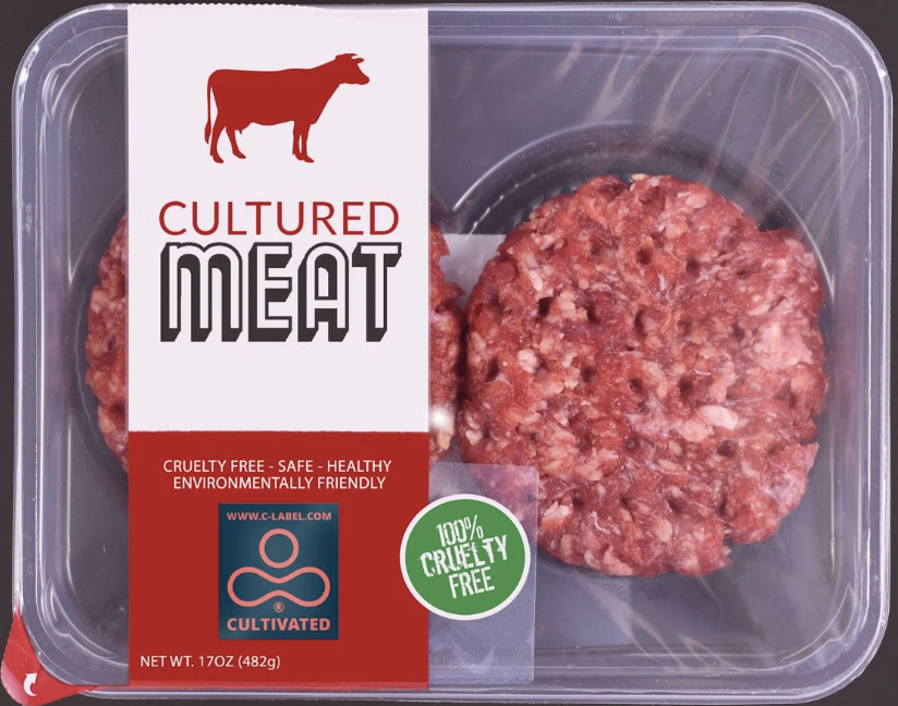 package of meat labeled "cultured meat"